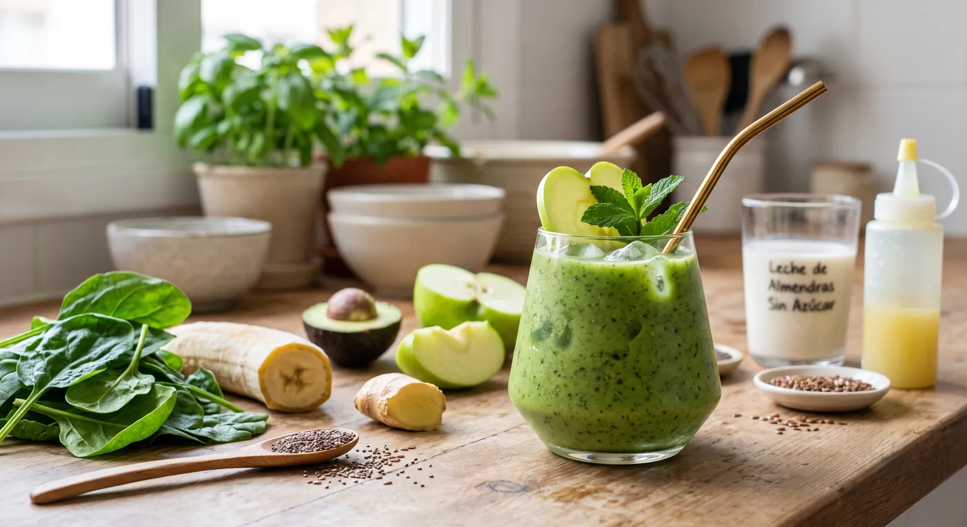 Zumo verde de espinacas, manzana, plátano y aguacate